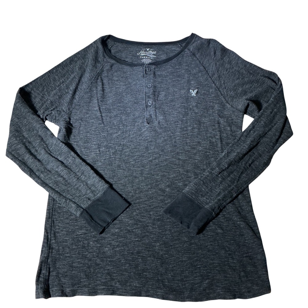 American Eagle Heritage Thermal Henley Mens Large Gray Waffle Knit Long Sleeve
